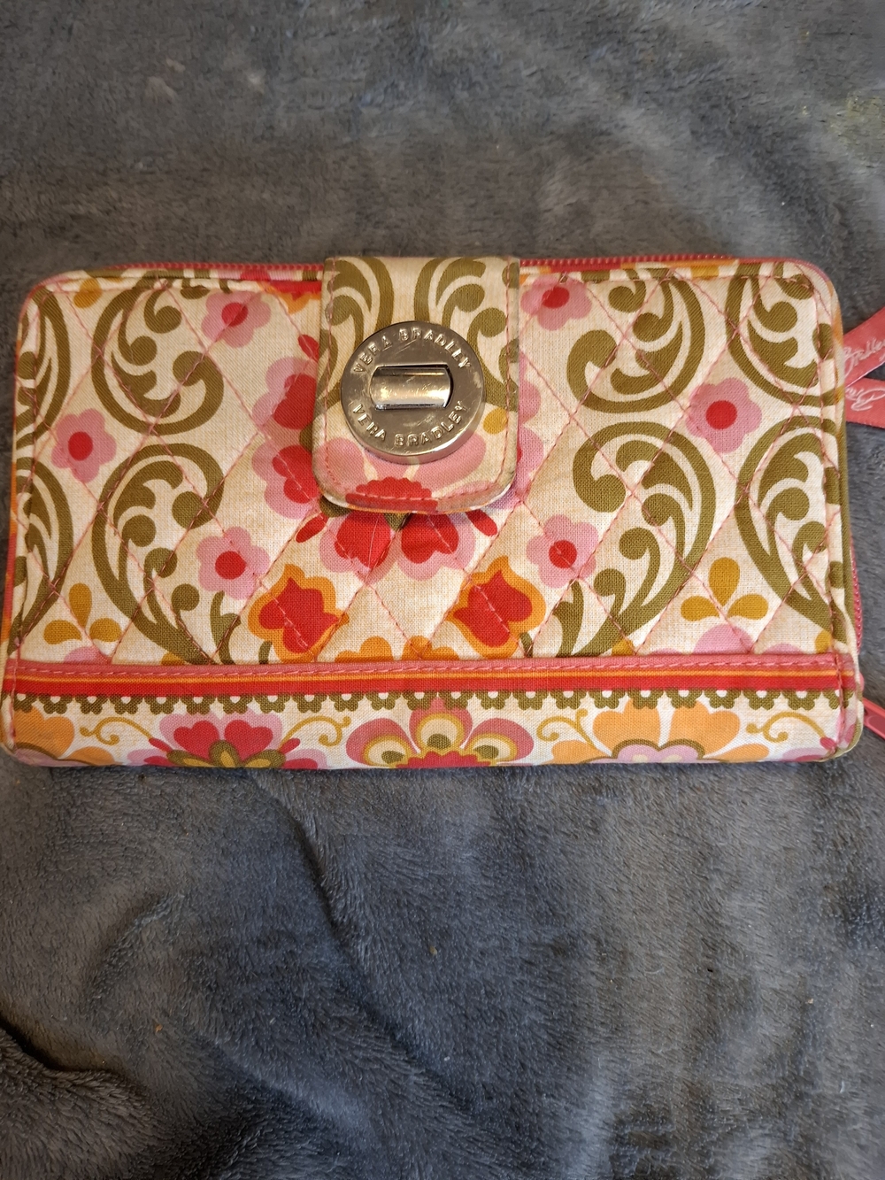 Vera Bradley Pink and Green Floral Quilted Zip Wallet